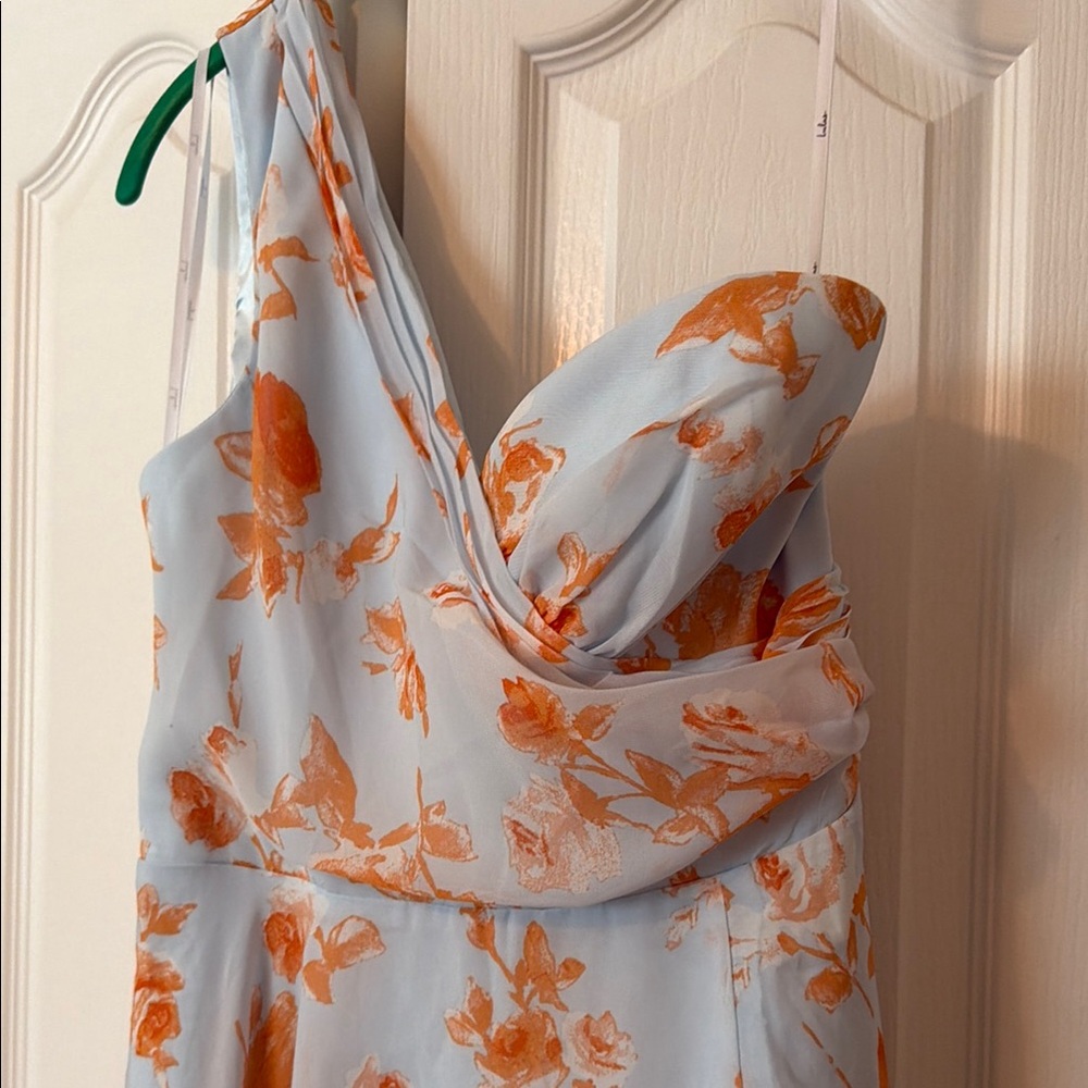 Lulus Light Blue Floral One-Shoulder Dress with Orange Print